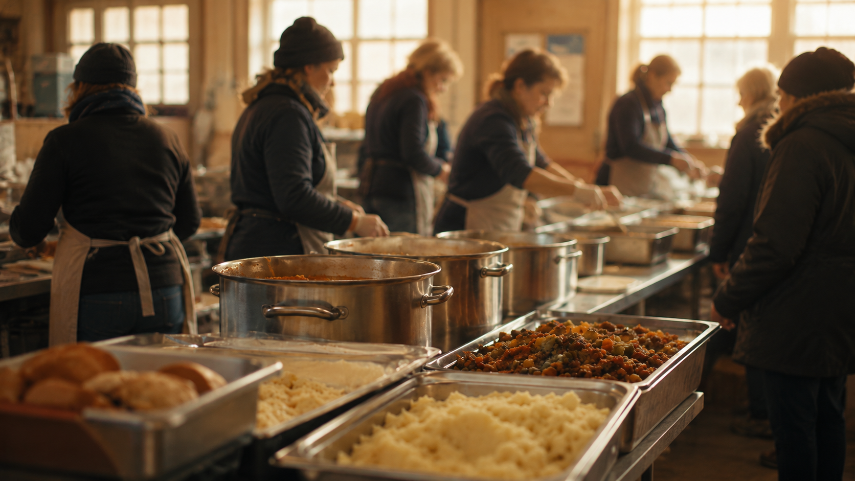 Bénévoles distribuant des repas chauds dans un centre communautaire