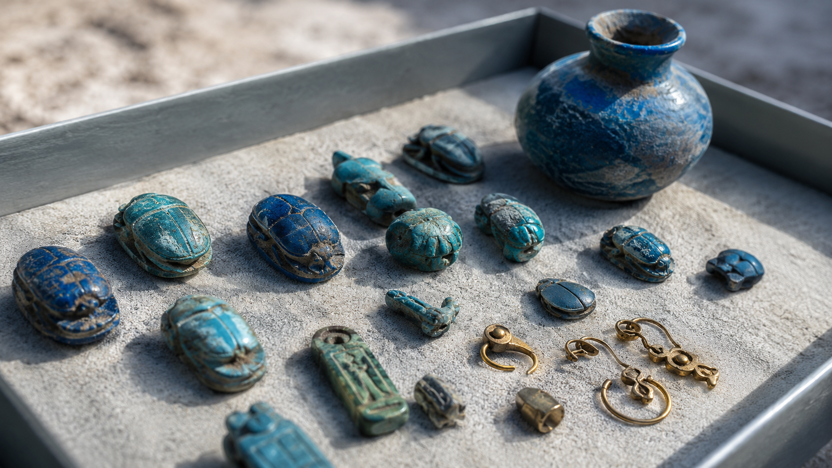 Scarabées bleus et fragments de métal dans une coupelle de fouille