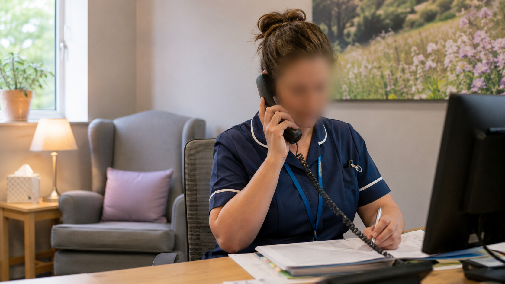 Une infirmière spécialisée mène des recherches depuis son bureau pour retrouver un proche d'un patient