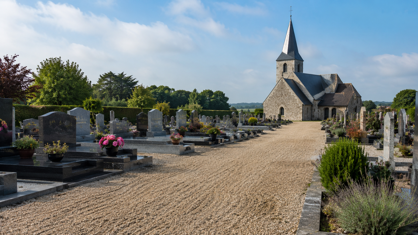 Les allées de gravier d'un cimetière de village fraîchement entretenues près d'une église de pierre
