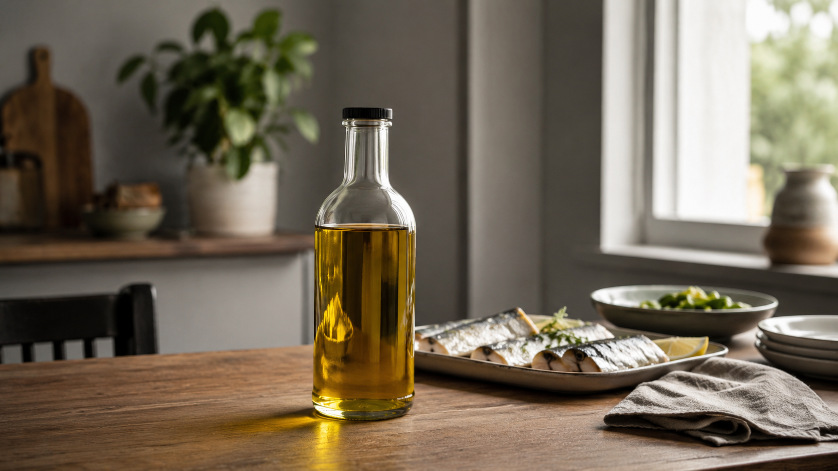 Une table de cuisine montre deux sources de gras sans consigne de régime immédiate.