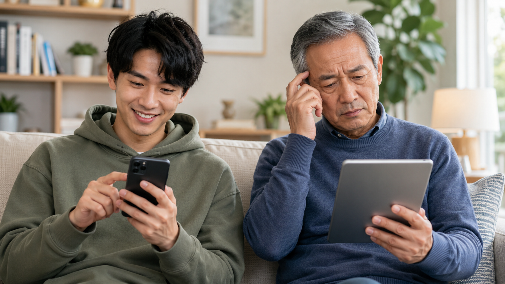 Une personne jeune à l'aise avec son téléphone à côté d'une personne âgée hésitante devant une tablette