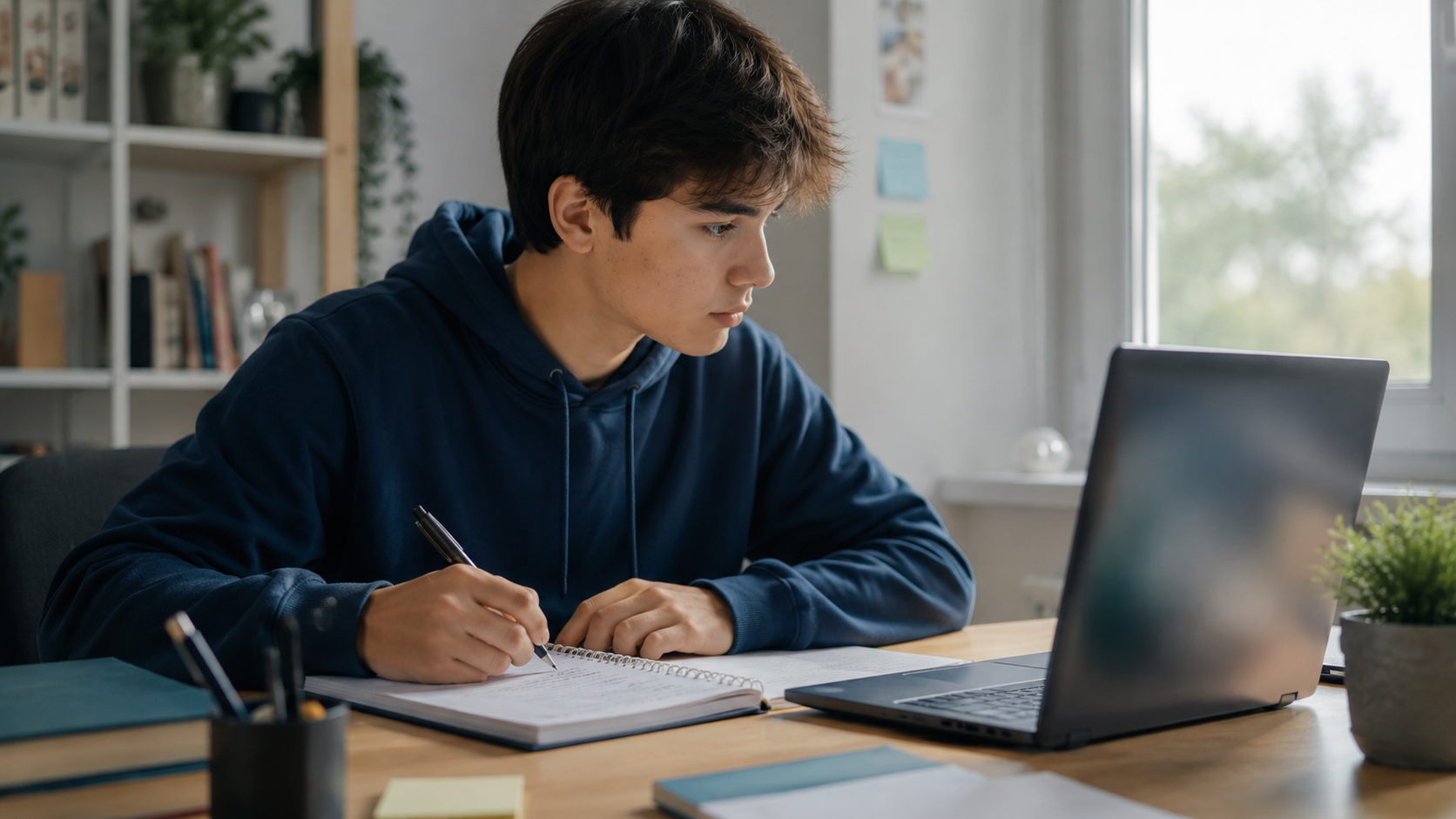 Une jeune personne prend des notes à la main en consultant un ordinateur à son bureau