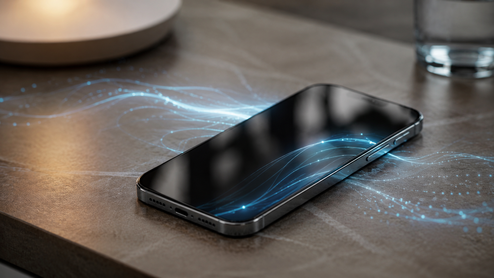 Main tenant un smartphone affichant des formes lumineuses abstraites evoquant l'IA embarquee