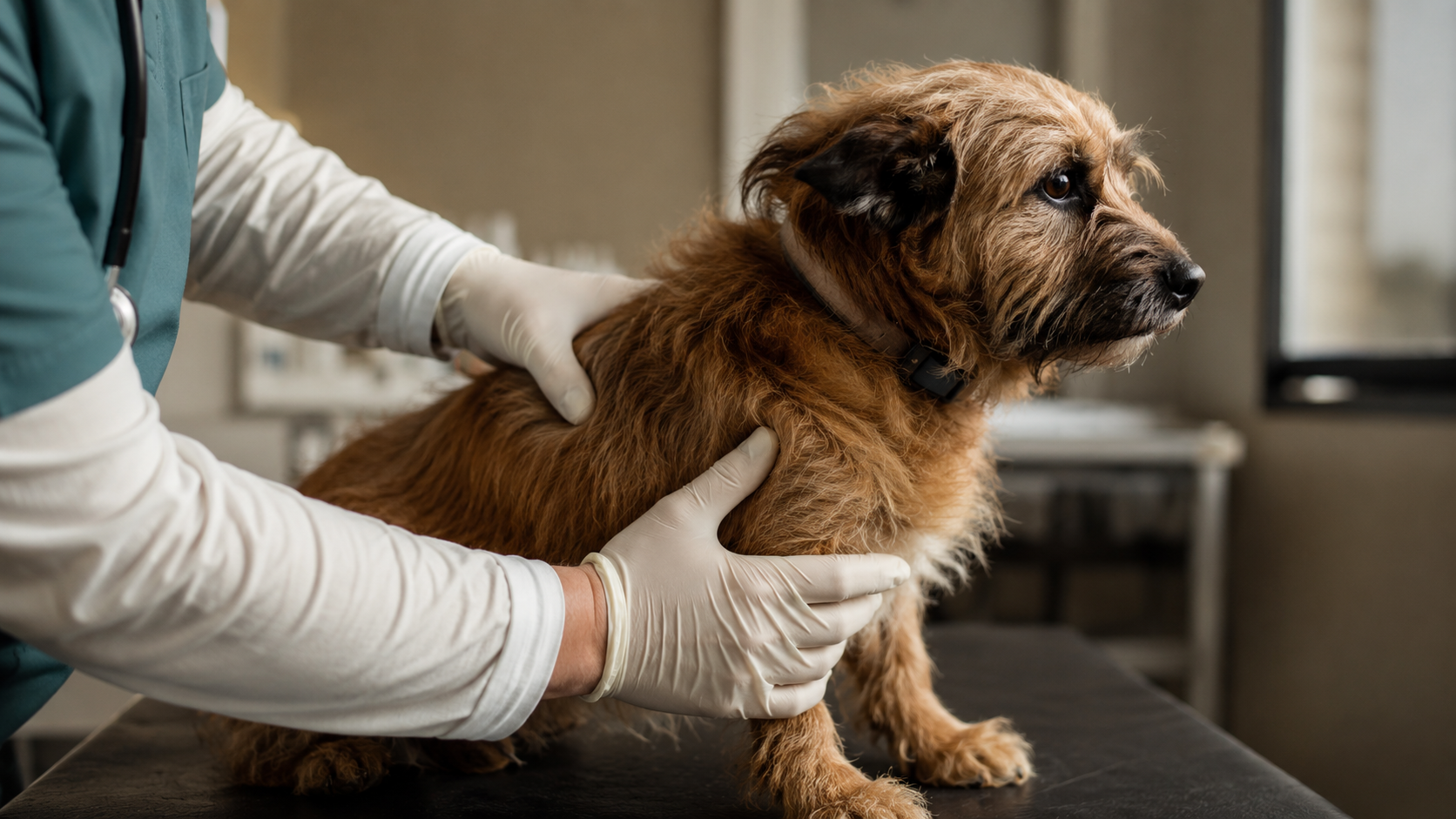 Mains gantées d'un vétérinaire examinant un chien sur la table de consultation