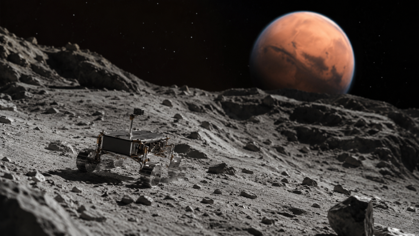 Petit rover spatial non marqué posé sur un sol gris évoquant Phobos, avec Mars floue au loin.