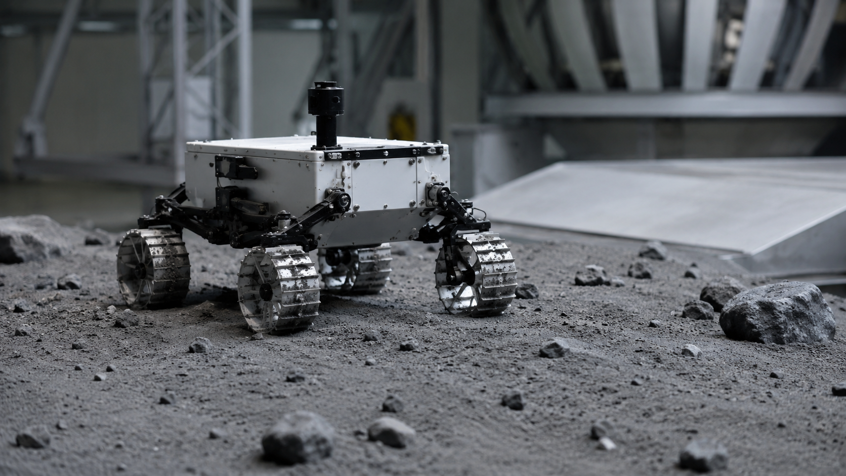 Rover miniature non marqué testé sur un sol gris simulant une surface de lune martienne.