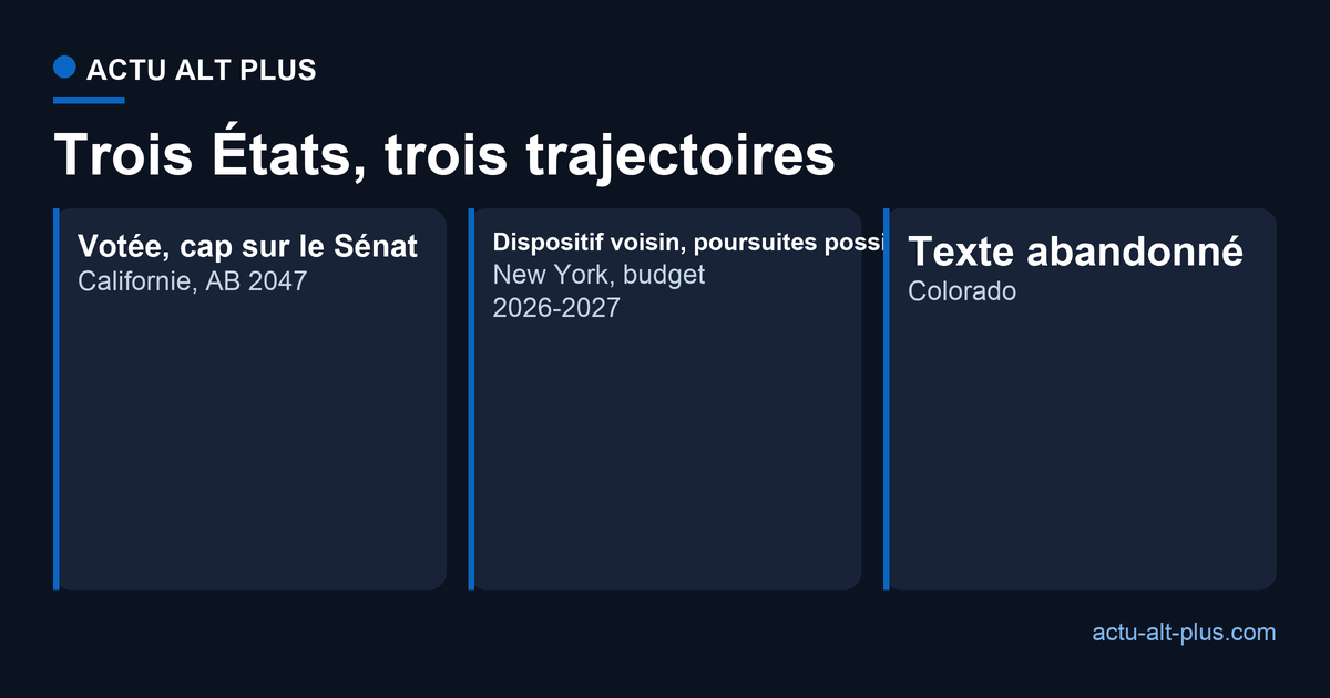 Trois États américains ont tenté en 2026 d'imposer un logiciel de surveillance sur les imprimantes 3D : la Californie l'a votée à l'Assemblée (AB 2047), New York l'a inscrite dans son projet de budget 2026-2027 et le Colorado a abandonné son texte.