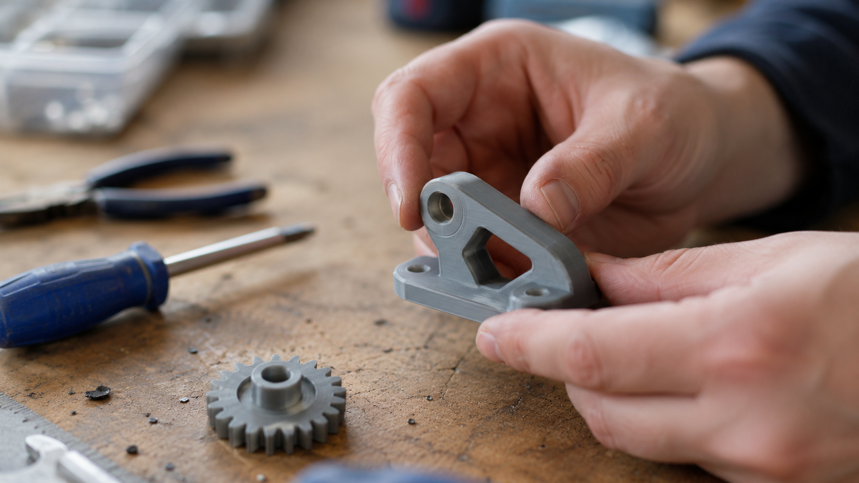 Une petite pièce détachée imprimée en 3D posée sur un établi avec des outils