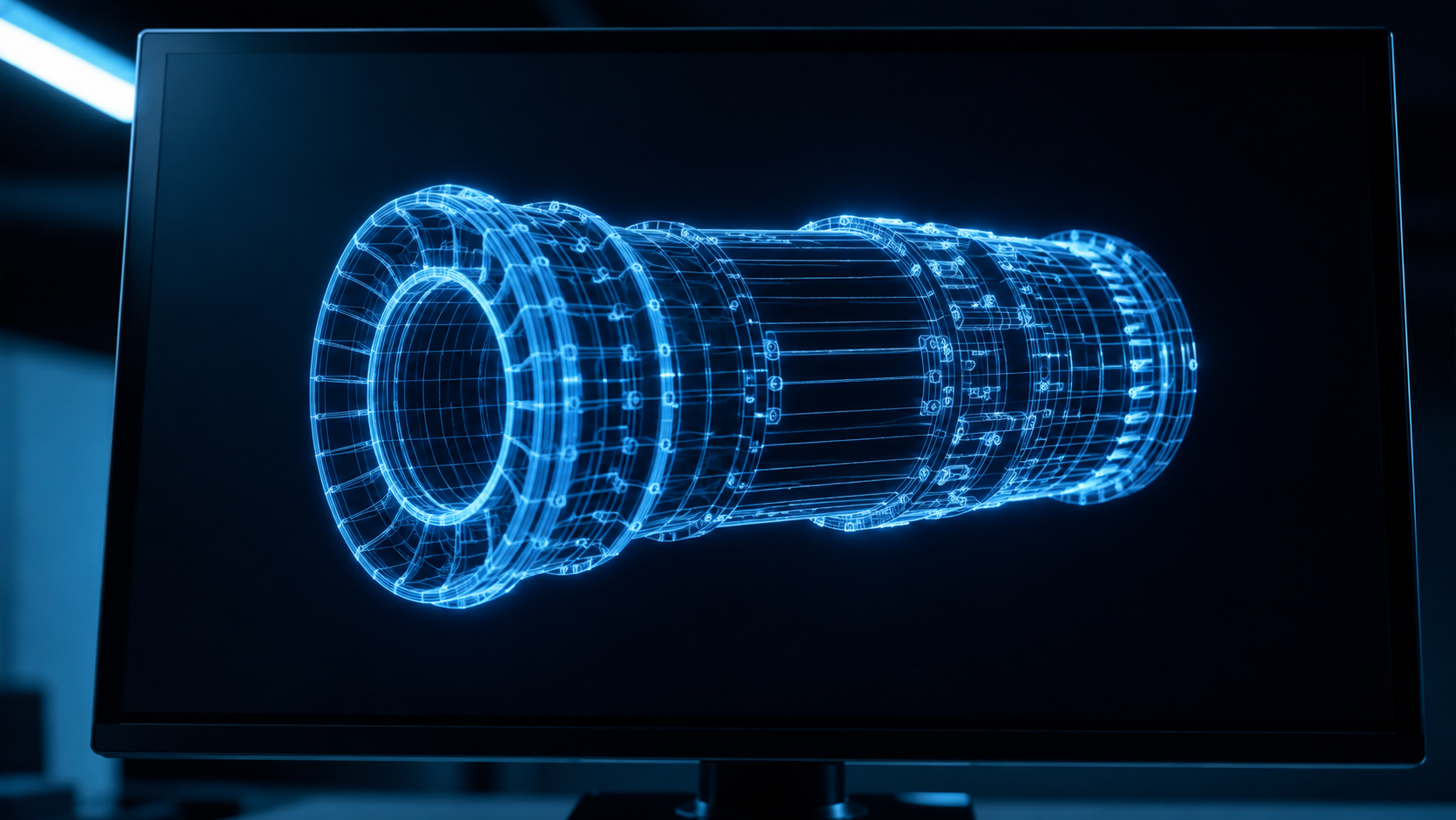 Un fichier de modèle 3D affiché en fil de fer lumineux sur un écran sombre, comme scruté