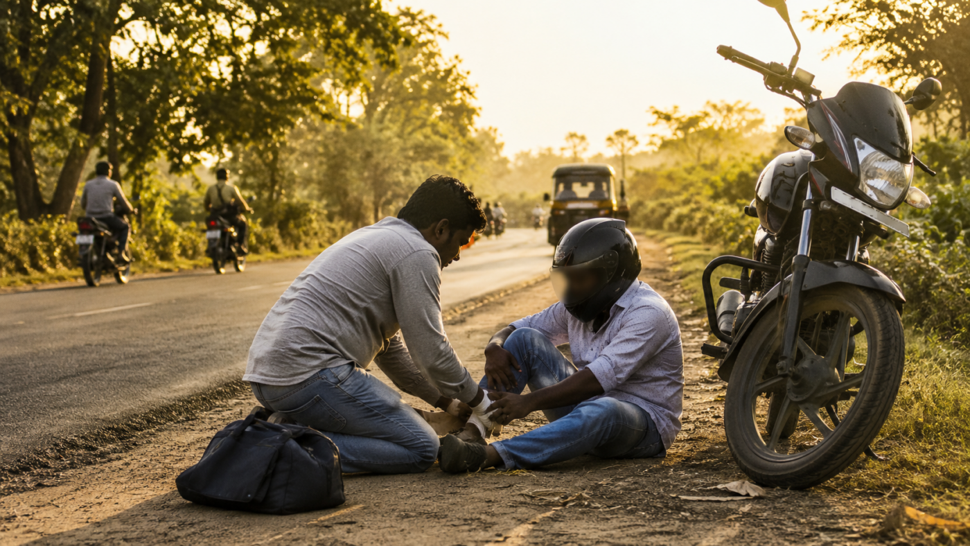 Un passant prodigue les premiers secours à un motocycliste blessé sur une route rurale en Inde