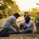 Un passant prodigue les premiers secours à un motocycliste blessé sur une route rurale en Inde