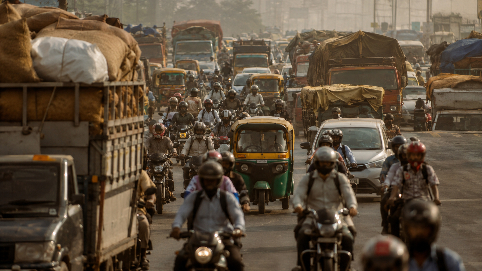 Route indienne très fréquentée avec trafic dense de camions, motos et rickshaws
