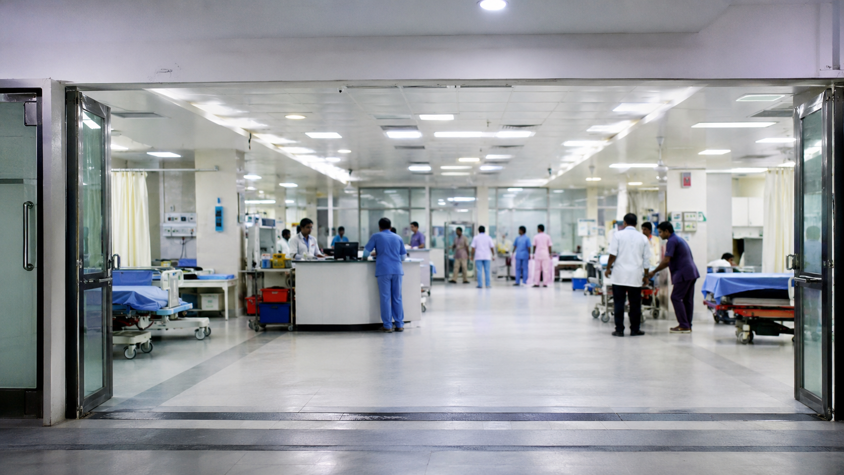 Couloir d'urgences d'un hôpital indien avec accueil ouvert aux victimes d'accidents