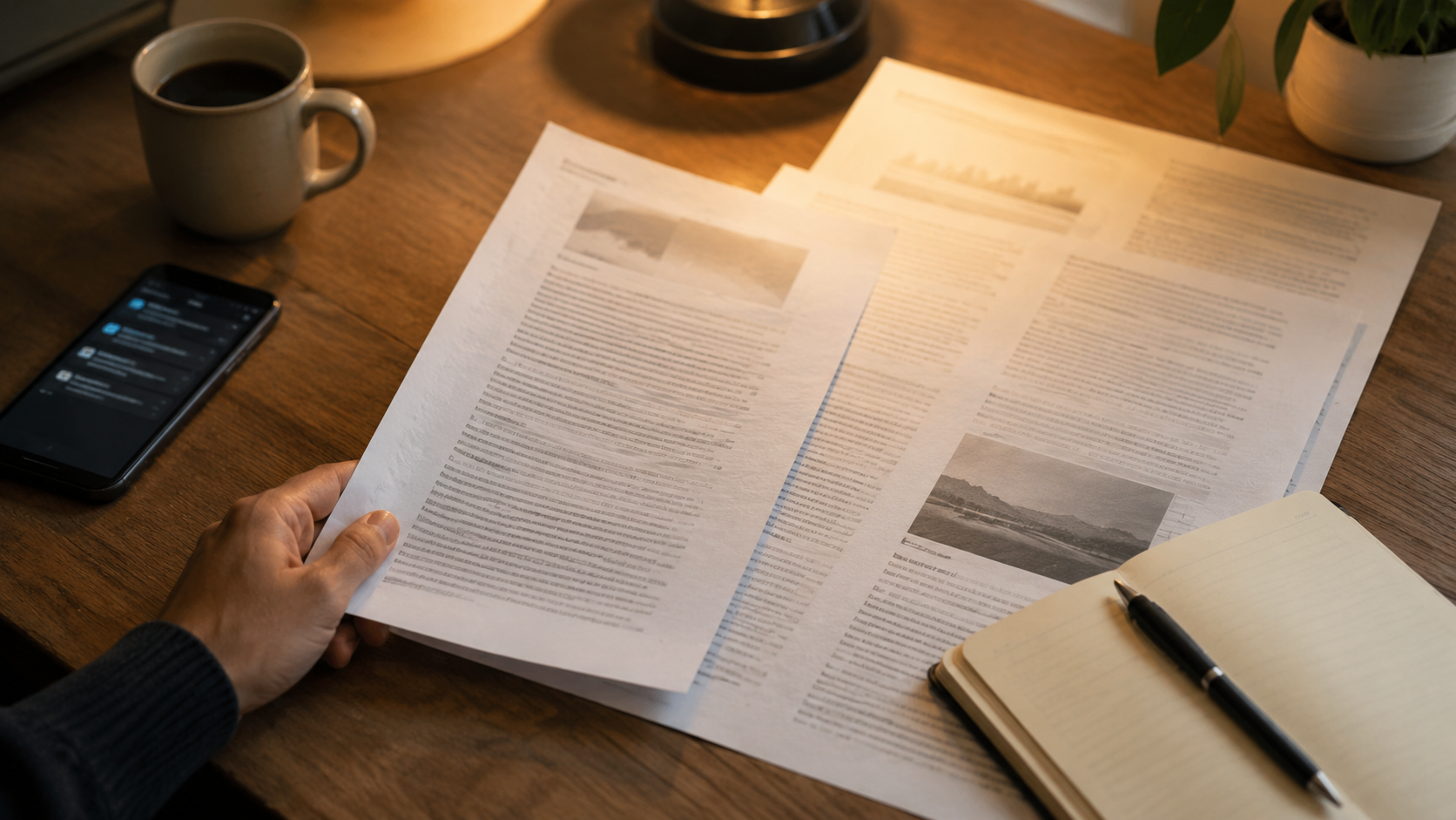 Article de fond posé sur un bureau avec un carnet et un stylo dans une lumière chaude