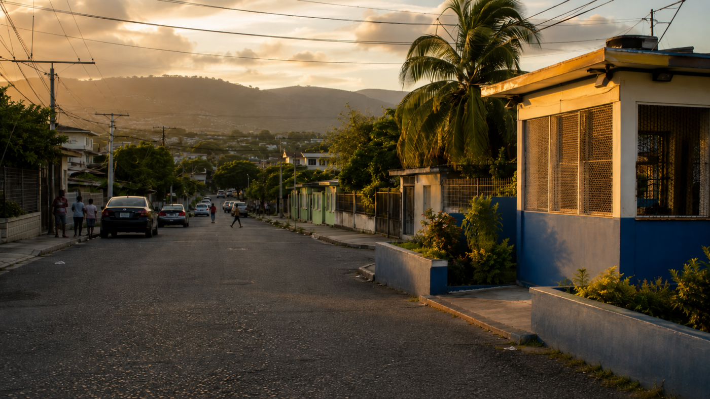 Rue résidentielle jamaïcaine au crépuscule, calme et lumière chaude