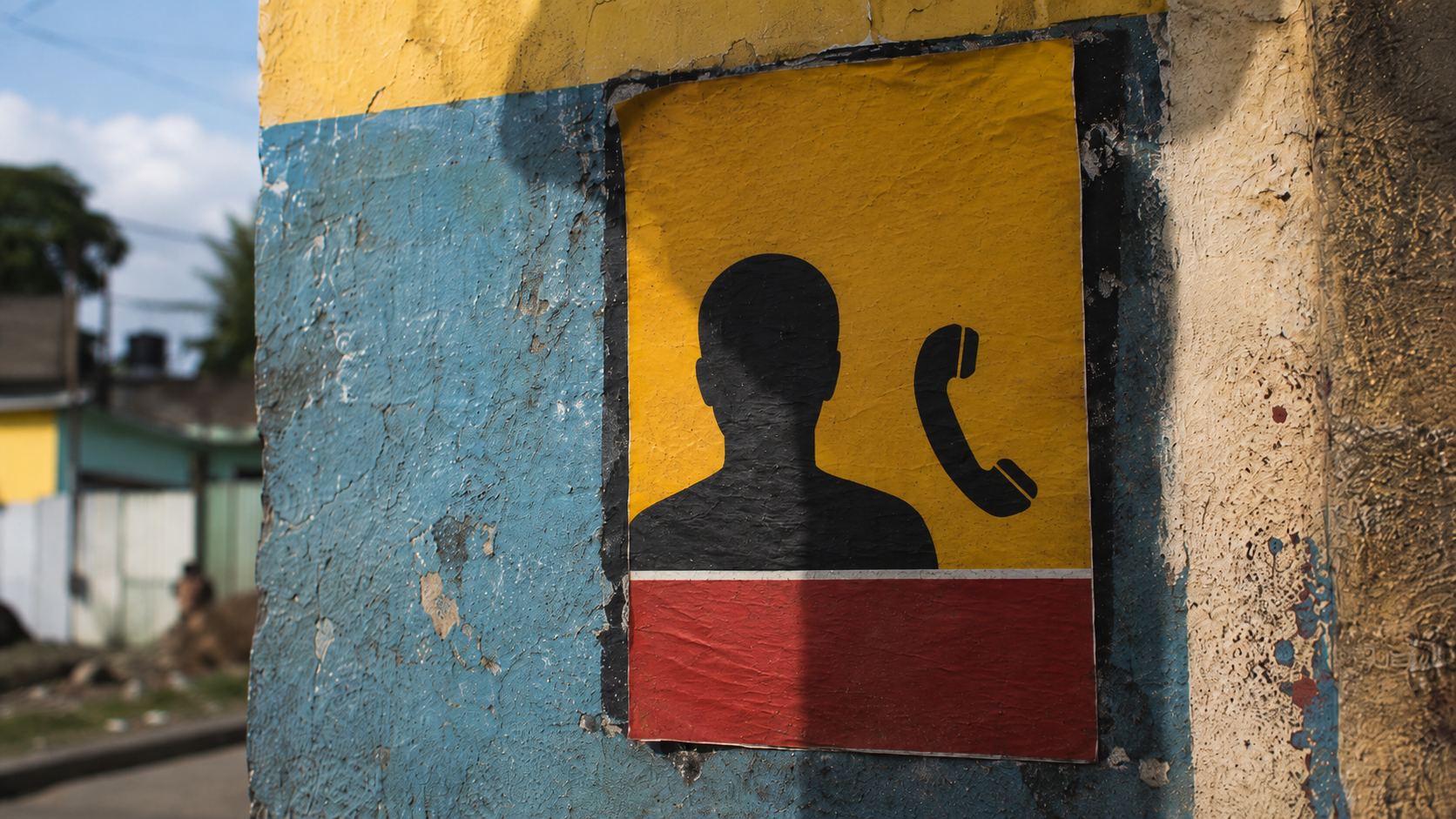Affiche d’une ligne d’alerte anonyme sur un mur urbain caraïbéen