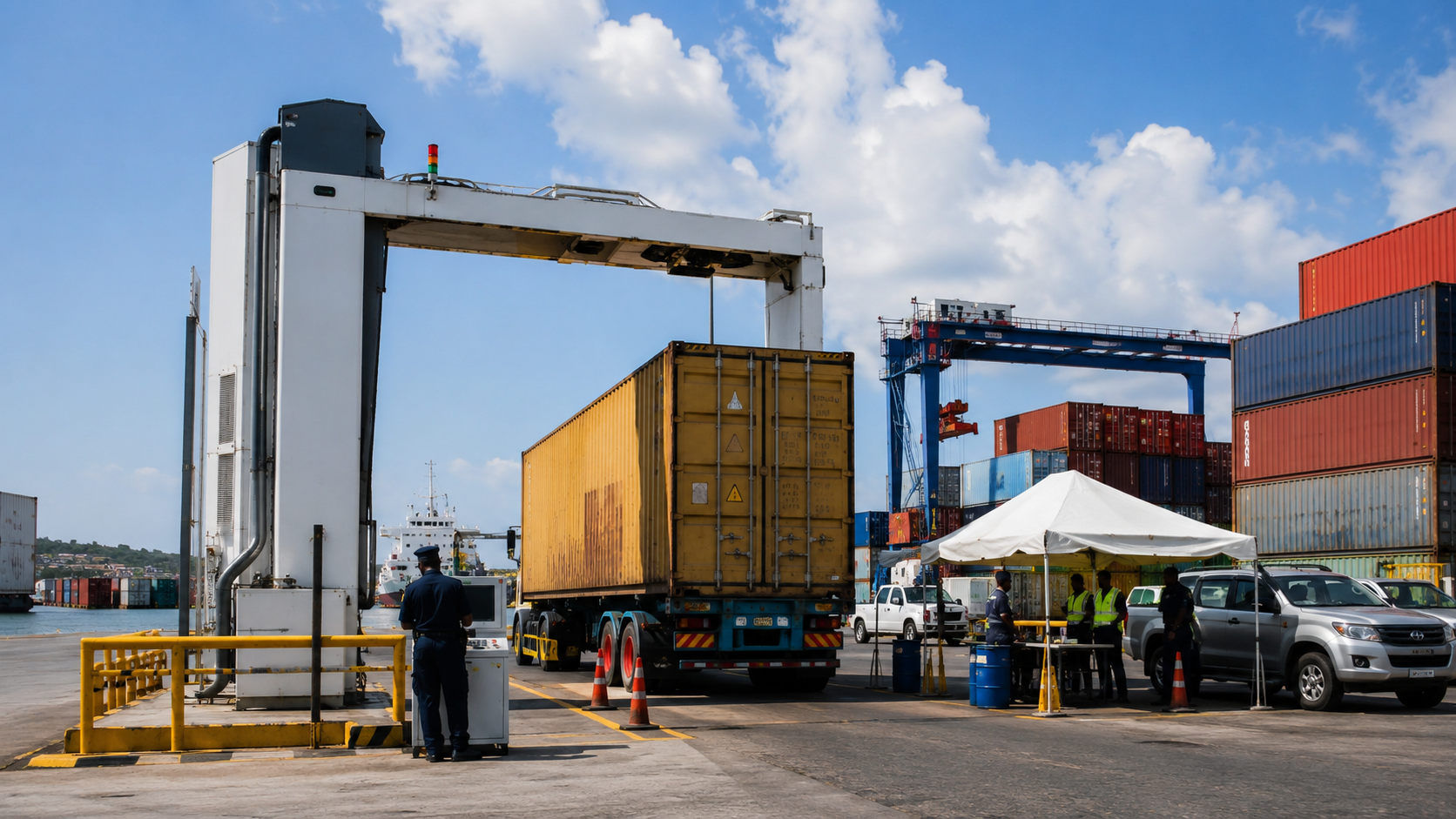 Inspection de conteneurs dans un port caraïbéen avec équipement de scan