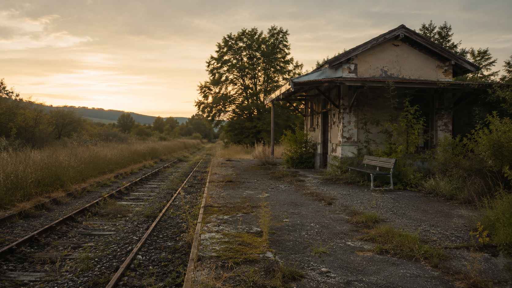 Petite halte ferroviaire rurale abandonnée en France, quai envahi par les herbes