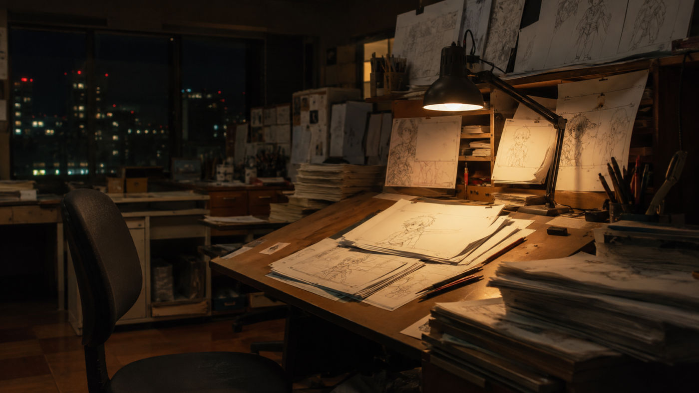 Un poste de dessin d'animation dans un studio japonais la nuit, des feuilles empilées sous une lampe