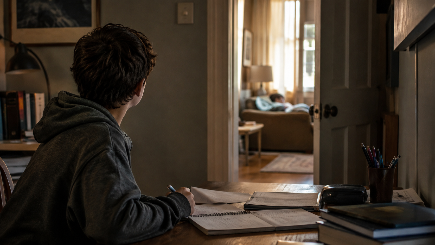 Un adolescent vu de dos à son bureau de révisions, le regard vers une porte entrouverte