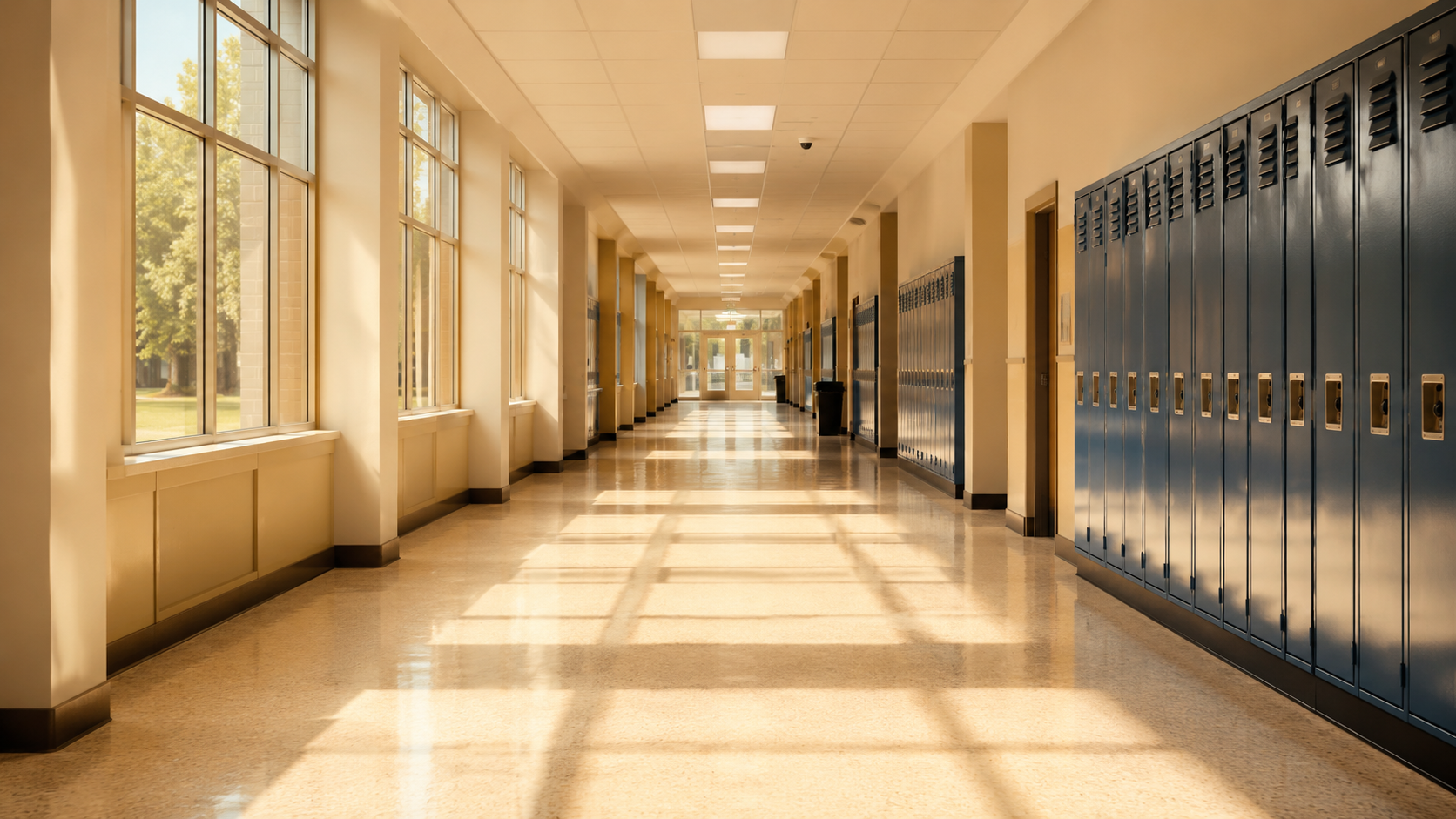 Un couloir de lycée désert et ensoleillé pendant les vacances d'été