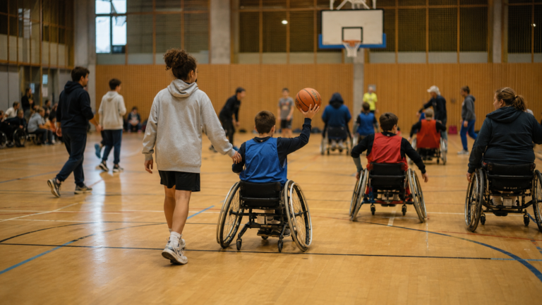 Jeunes sportifs en situation de handicap en pleine épreuve dans un gymnase, entourés d'encadrants