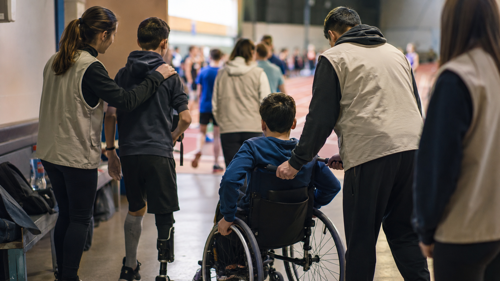 Bénévoles et encadrants aidant de jeunes para-sportifs en coulisses d'une compétition