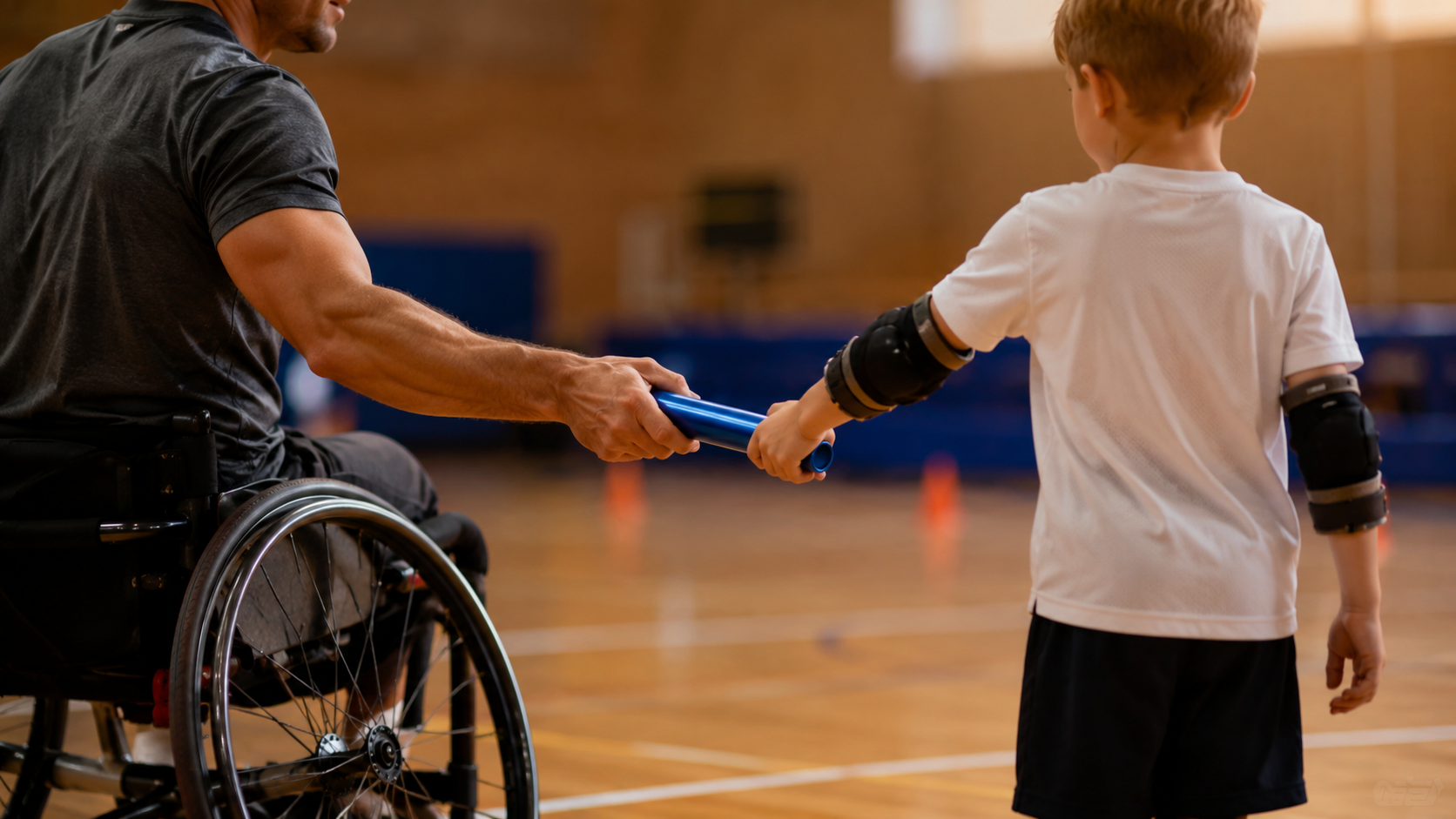 Une athlète adulte encourage un jeune enfant dans un gymnase, moment de transmission