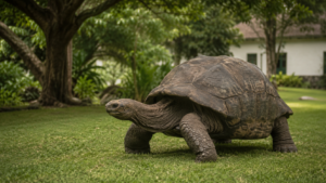 Une tortue géante très âgée broute sur la pelouse d'un jardin de résidence officielle