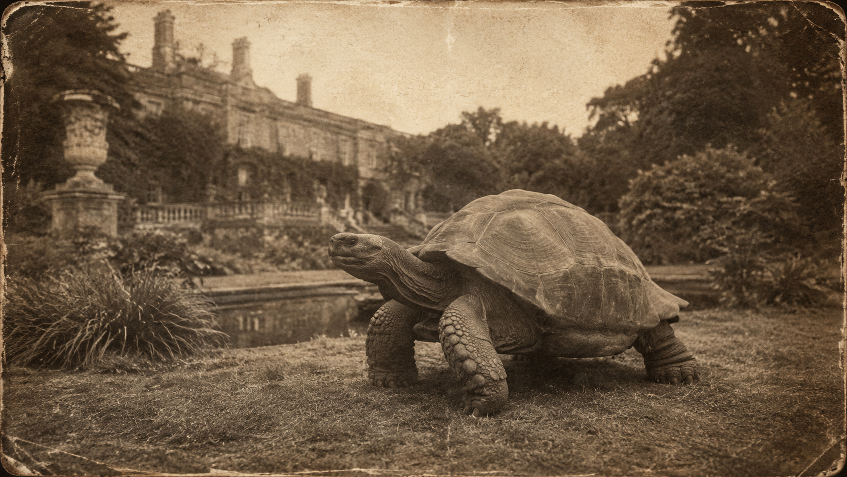 Une tortue géante dans un jardin de domaine ancien, dans une esthétique de photographie d'archive