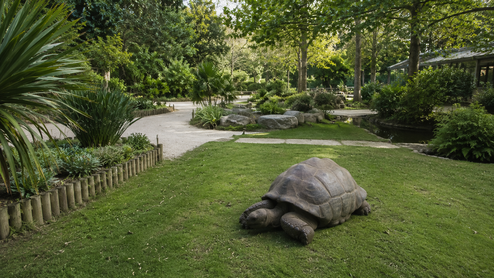 Une tortue géante des Seychelles au repos sur la pelouse d'un enclos de jardin botanique parisien