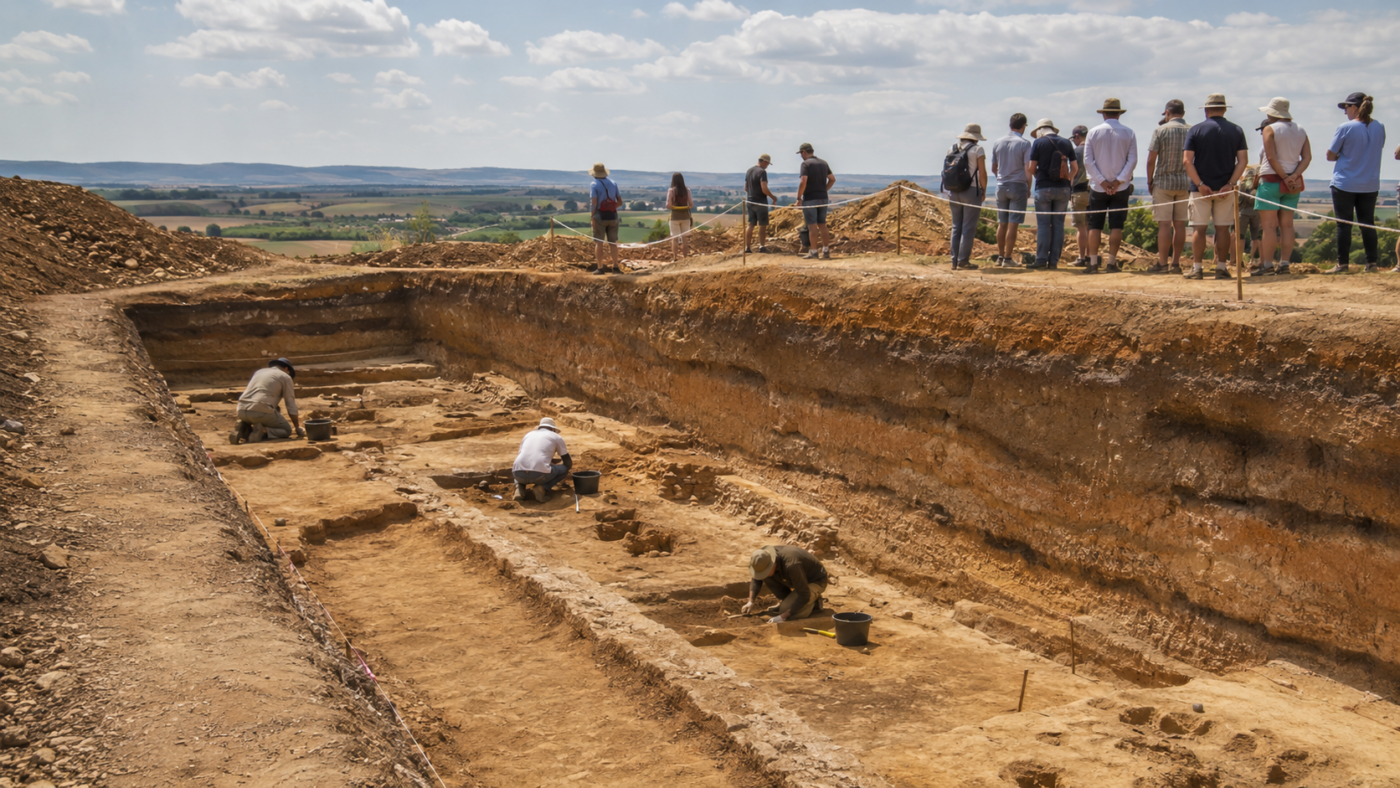 Tranchee de fouille archeologique ouverte au public, couches de terre superposees et archeologues au travail