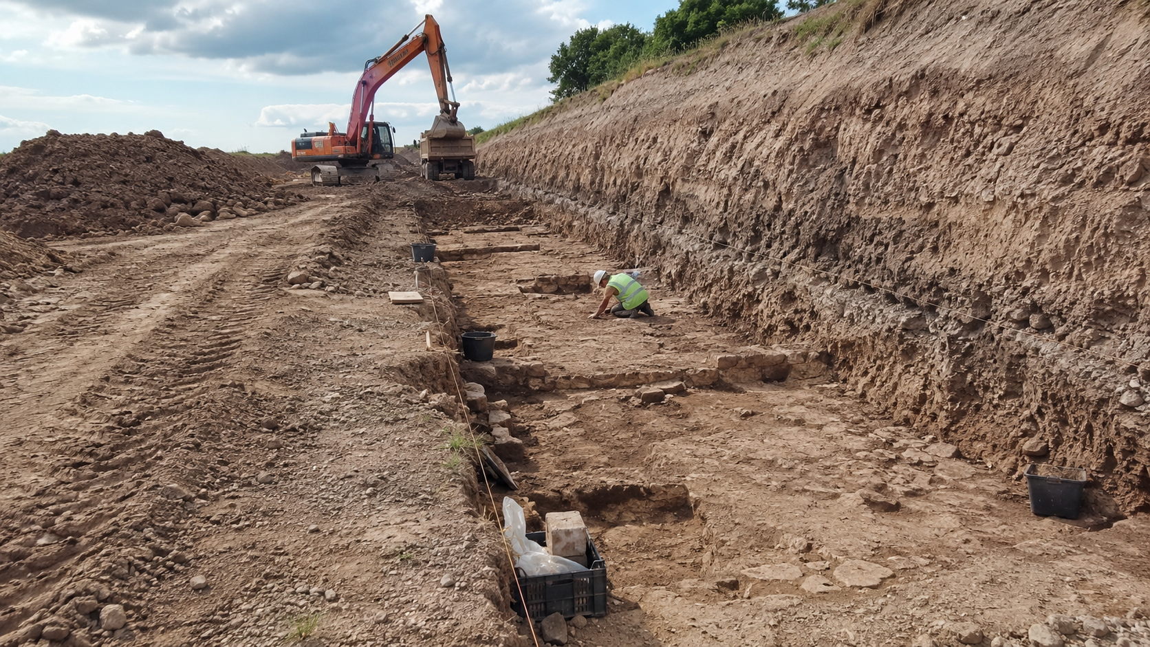 Tranchee de diagnostic archeologique creusee le long d'un chantier d'amenagement, pelle mecanique en arriere-plan