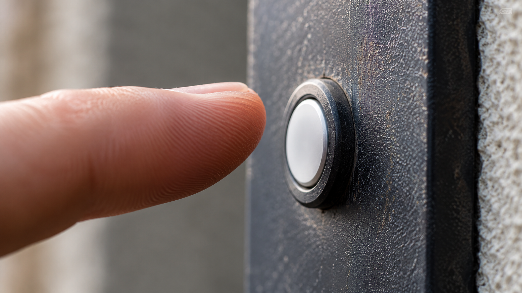 Gros plan sur un bouton de sonnette d'interphone, un doigt s'en approche