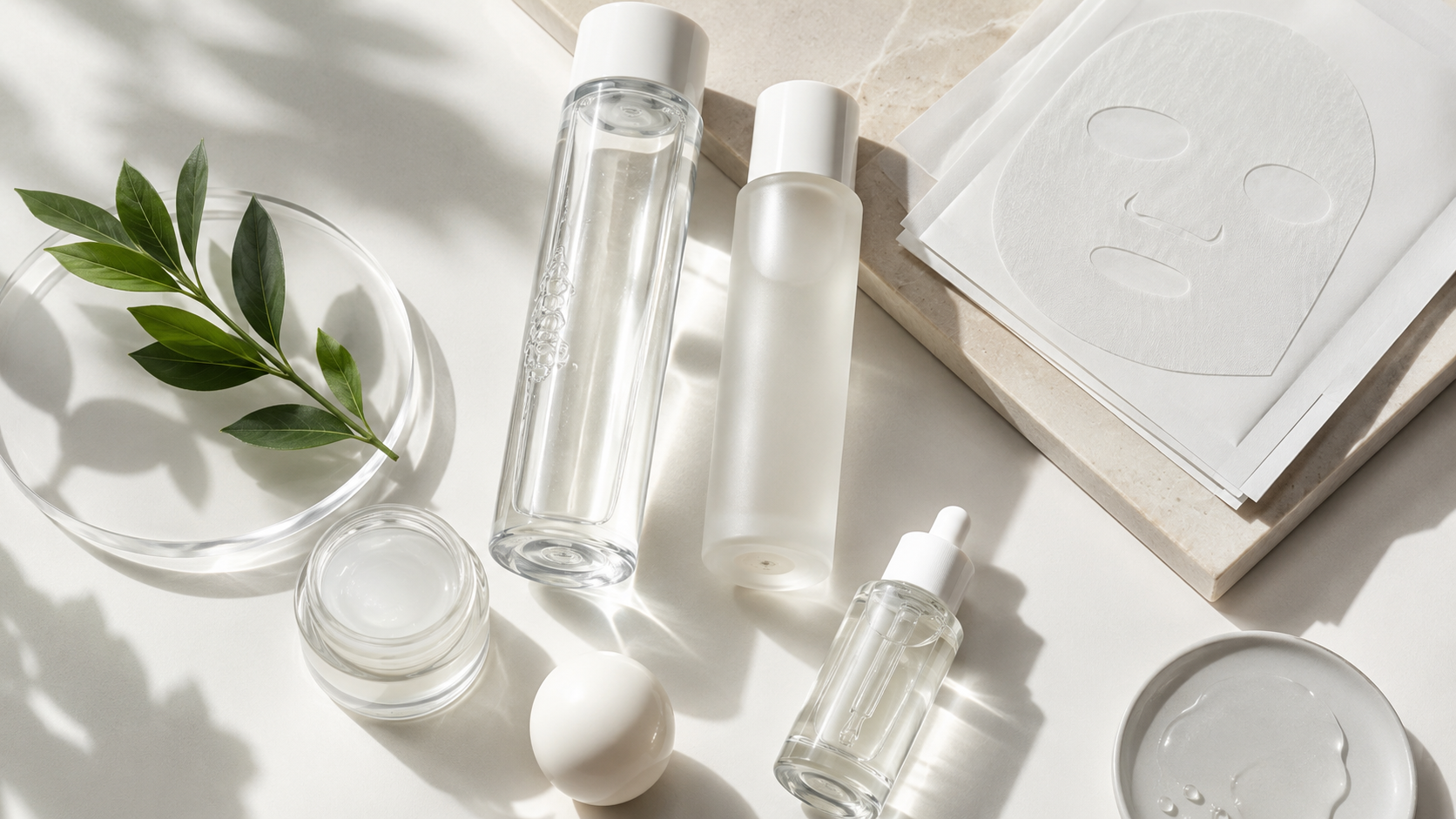 flacons d'essences et masques en tissu modernes, épurés, sur une surface claire