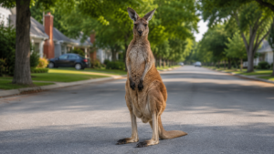 Un kangourou roux dressé en alerte au milieu d'une rue résidentielle calme