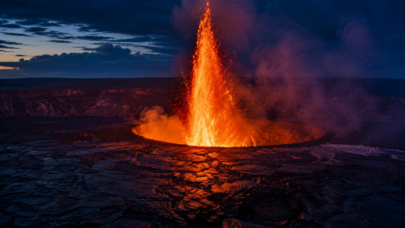 Hautes fontaines de lave orange jaillissant d'un cratère volcanique sombre au crépuscule