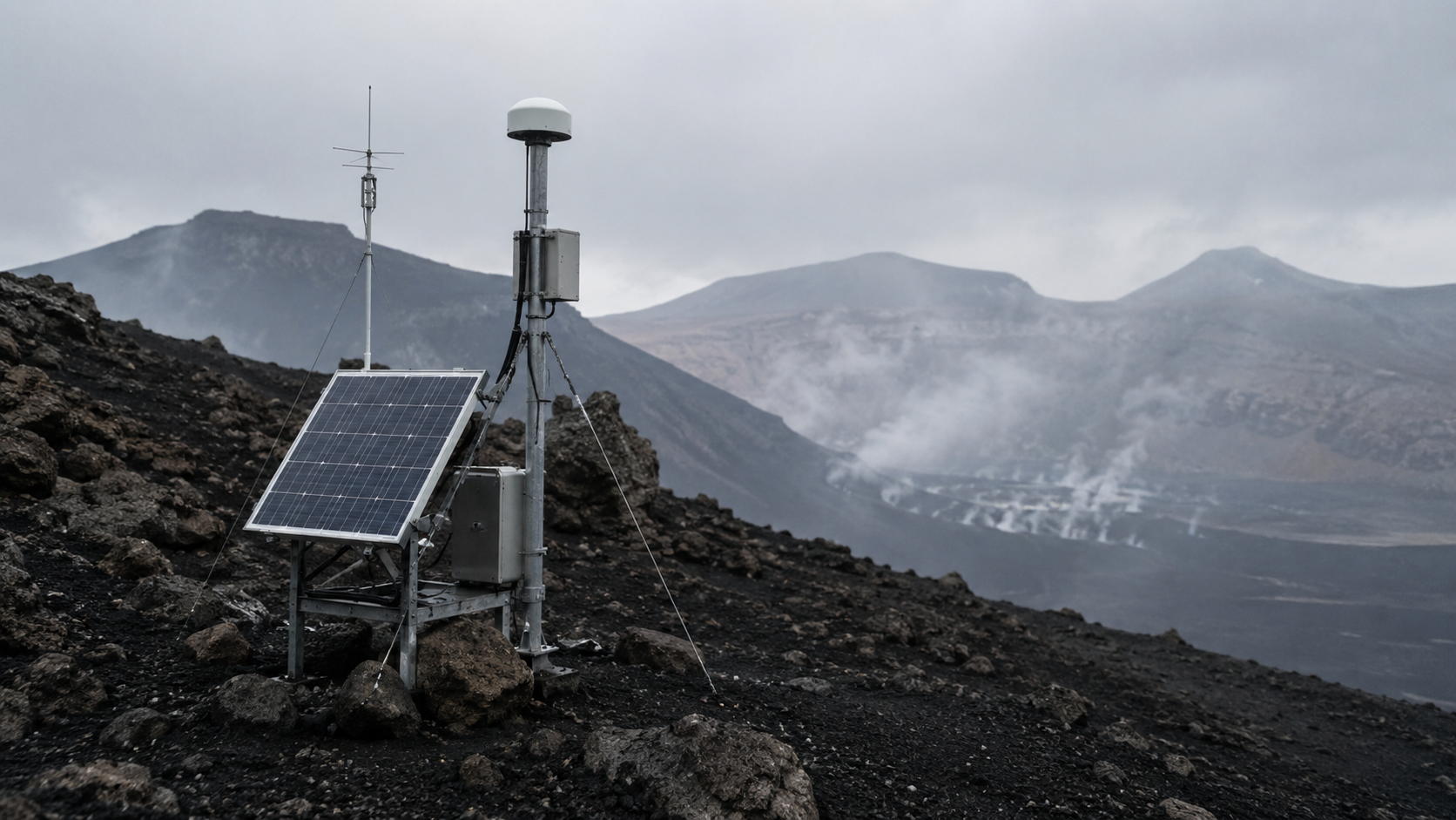 Station de surveillance volcanique sur la roche noire d'un sommet, antenne dressée vers le ciel