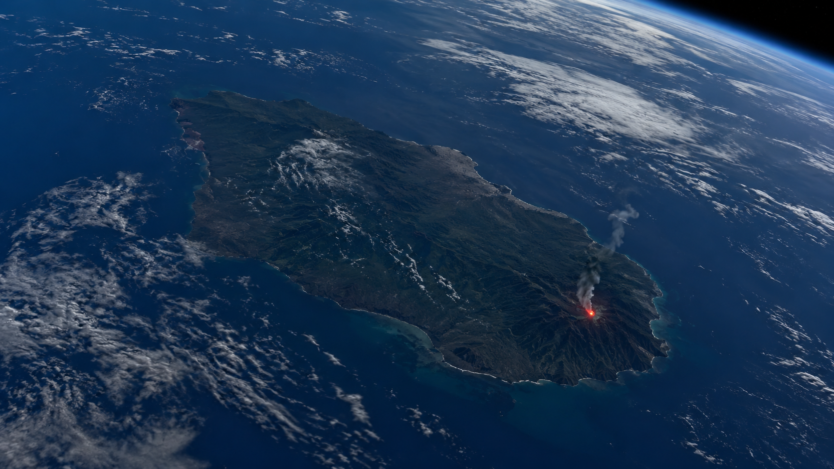 Vue satellitaire d'une île sombre du Pacifique marquée d'un point rouge incandescent près de la côte