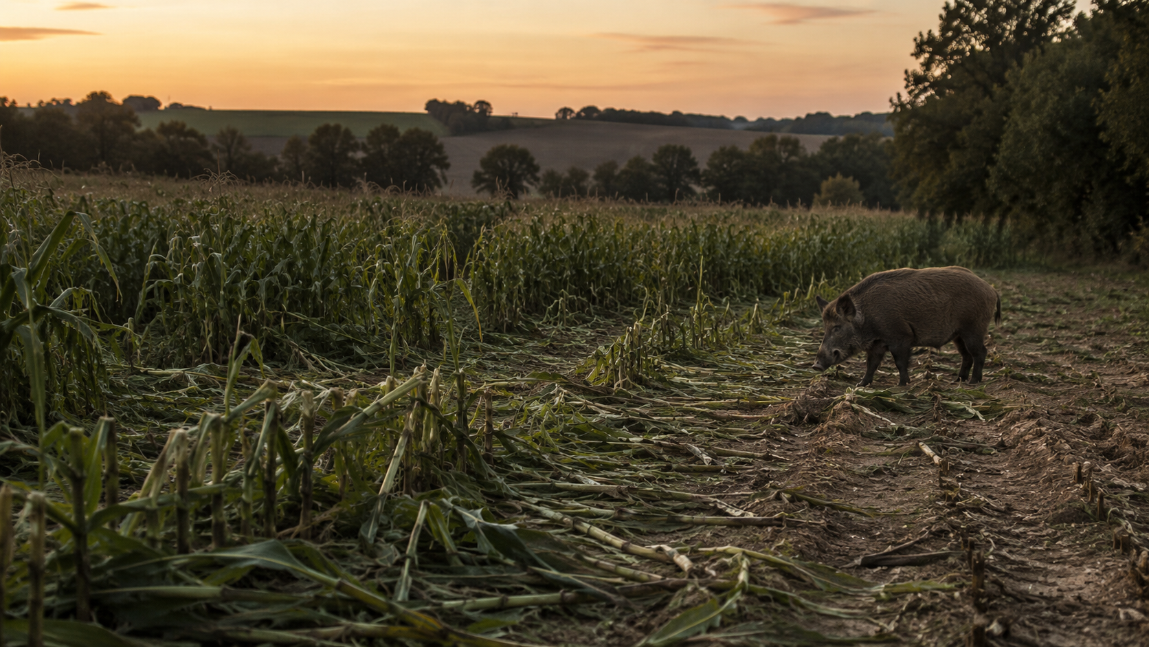 Sanglier en lisière d'un champ cultivé abîmé au crépuscule en France