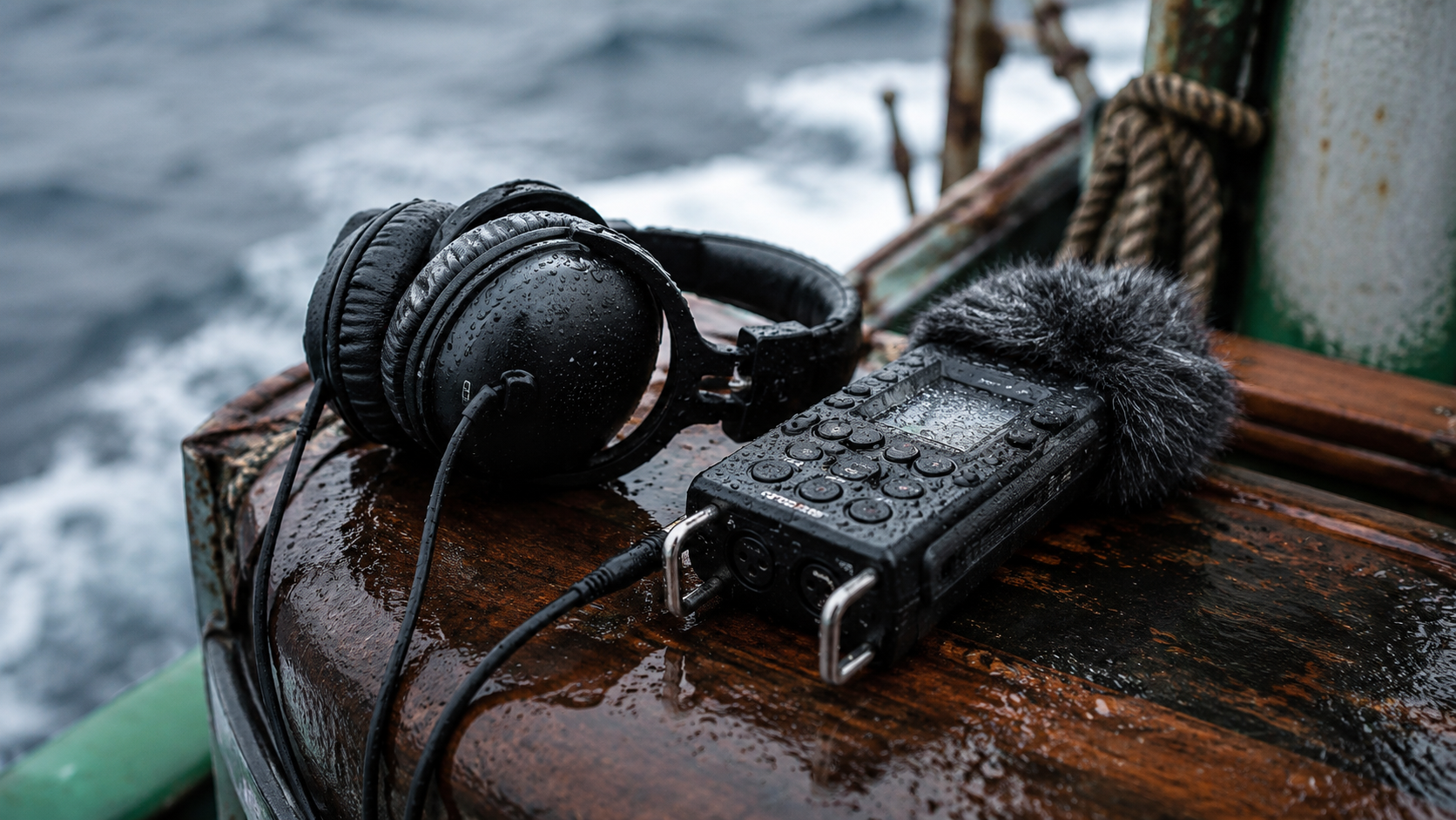 un casque audio et un enregistreur posés sur le pont mouillé d'un bateau, gouttes d'eau