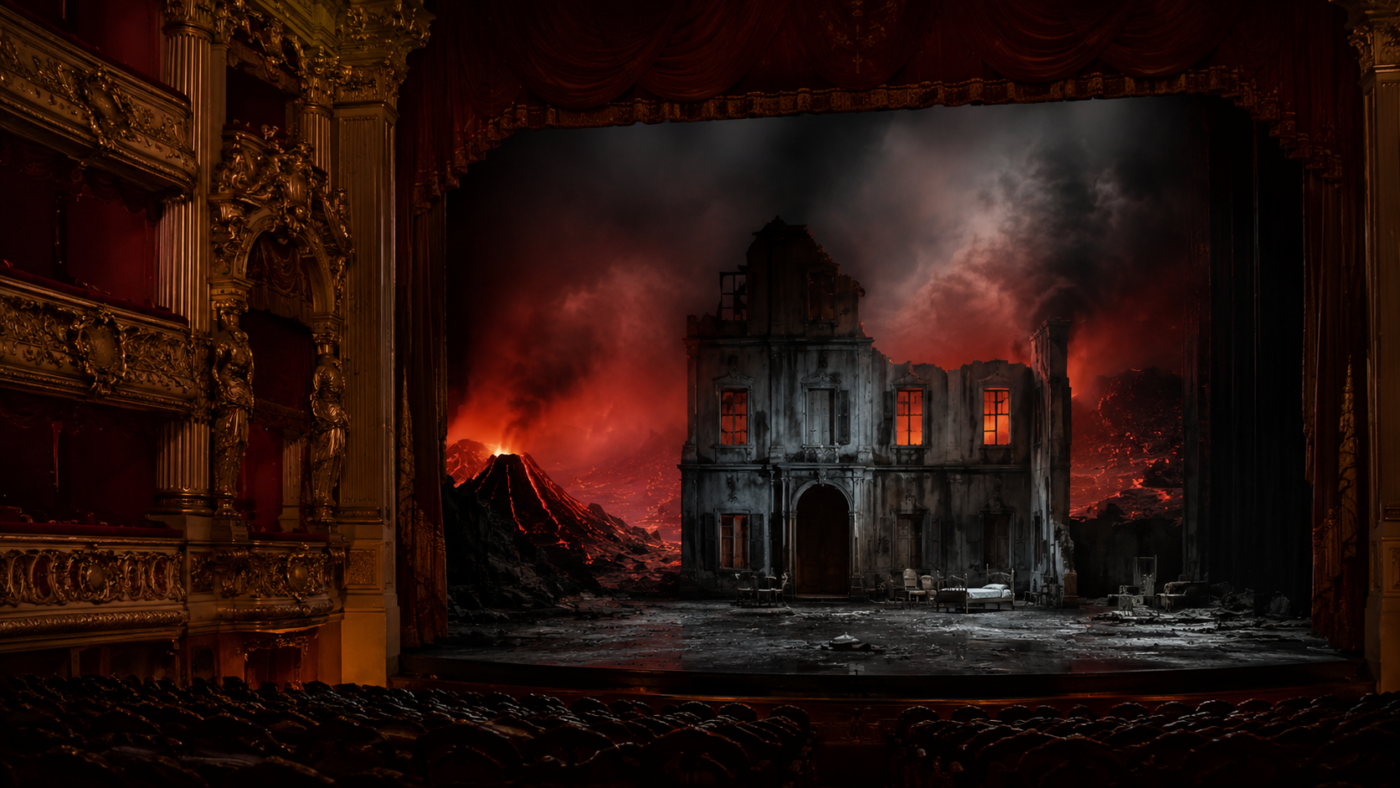 Un décor rouge attend sur une scène d’opéra