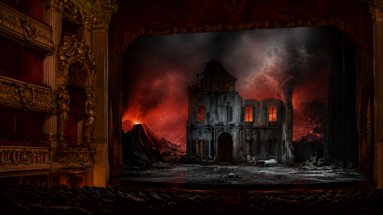 Un décor rouge attend sur une scène d’opéra