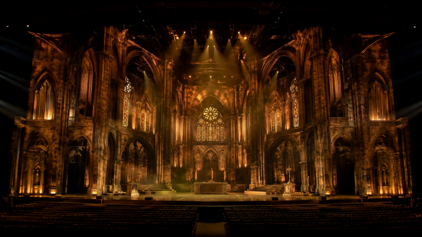 Décor de cathédrale éclairé dans une grande salle