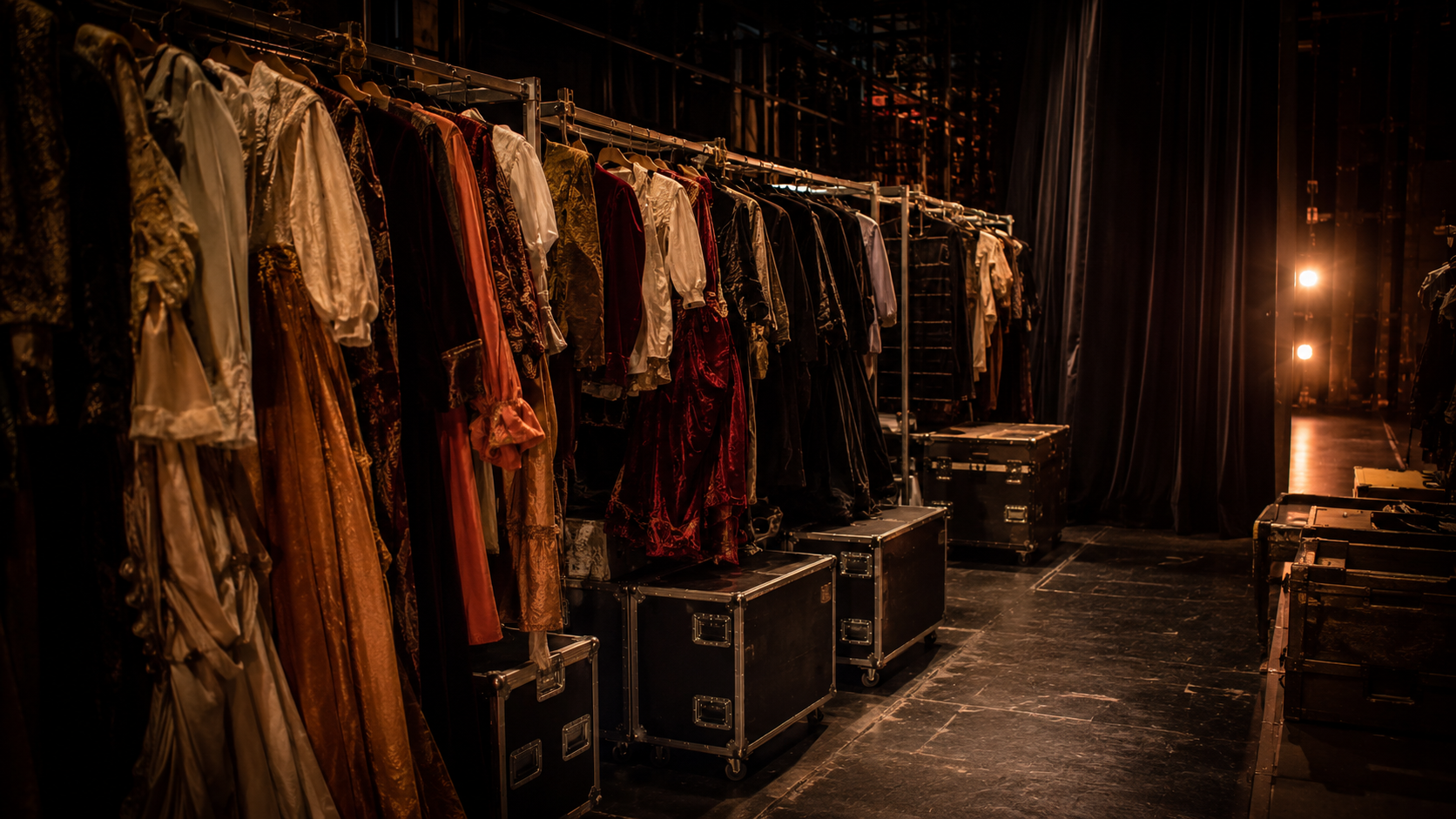 Des costumes pendent dans une coulisse sombre