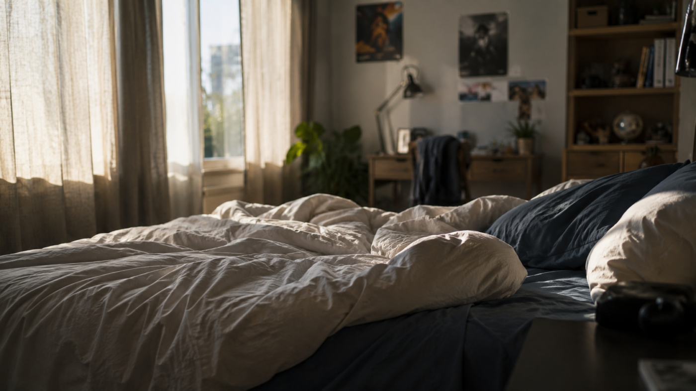 Chambre d'adolescent au matin du week-end, lumière douce sur un lit défait