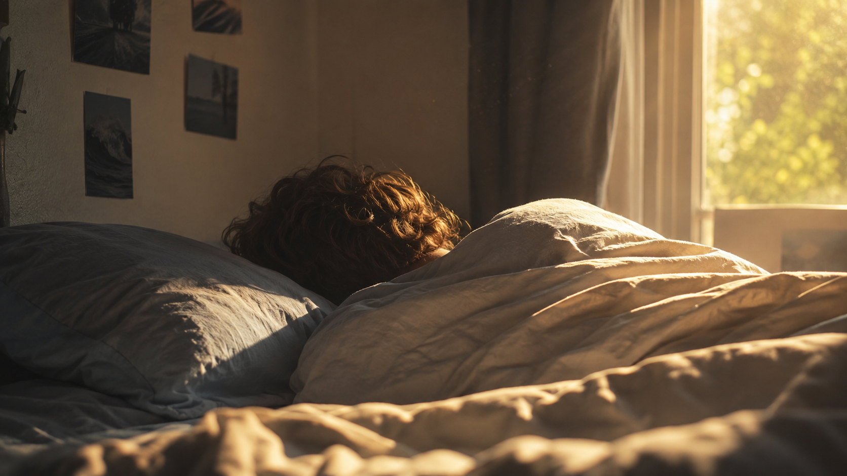 Main d'un adolescent endormi sur un oreiller dans la lumière du matin