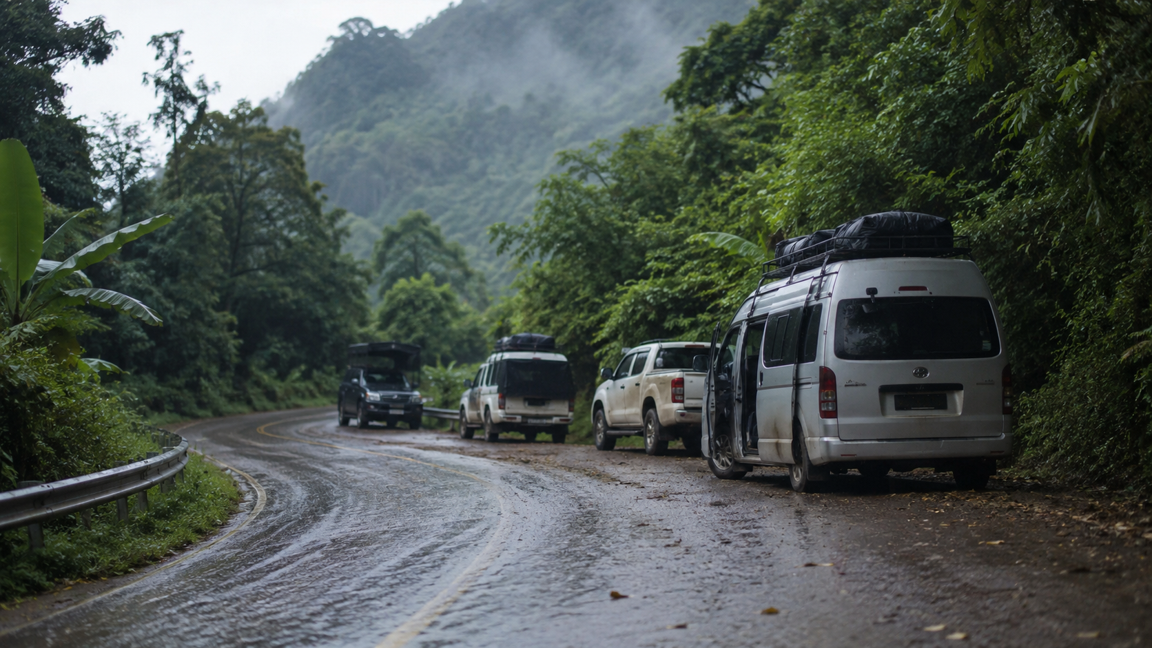 Route humide près d’une zone de secours au Laos
