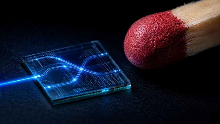 Puce photonique integrant un laser femtoseconde, posee a cote d'une tete d'allumette pour montrer sa taille miniaturisee